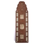 A Chinese sandalwood and ivory cribbage board, mid 19th c, on four paw feet, 24.5cm l Condition