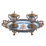 A French giltmetal mounted Sevres style porcelain inkstand and a pair of contemporary associated two