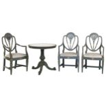 A set of three blue painted elbow chairs and an earlier oak tripod table painted to match, in George