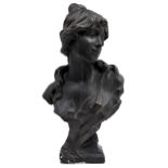 An art nouveau bronze-green painted plaster bust of a young woman, early 20th c, 65cm h Condition