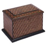 A fine Victorian mahogany and cube parquetry jewel box by J B Heslop of Nottingham, c1900, the lid