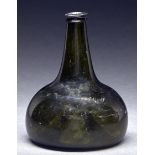 An English glass 'onion' bottle, 18th c, of black glass, 17.5cm h Condition ReportTwo star cracks on