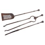 A set of three early Victorian burnished steel fire irons, with reeded globular pommel Condition