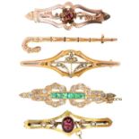 An emerald and diamond bar brooch, with calibre cut emeralds, in gold, 46mm, unmarked, three other