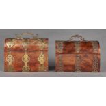 Two similar Victorian brass mounted walnut stationery boxes, the front and coffered lid with three