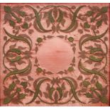An embroidered red silk panel, 19th c, worked in metal thread with stylised flowers around a central