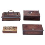 A French stained maple jewel box, 19th c, 21.5cm l, a Victorian walnut inkstand, a folding games box