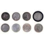 Silver coins. Crown 1821, 1845, 1889, 1896, 1935 and 1937, double florin 1889 and China trade dollar
