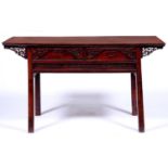 A South East Asian stained wood altar table,  early 20th c, 91cm h; 65 x 159cm Condition