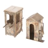 Silver toys. A Continental miniature sentry box with sentry on duty, 53mm h, import marked,