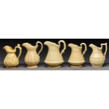 Three William Ridgway & Co press moulded buff stoneware jugs and two similar contemporary