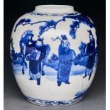 A Chinese blue and white jar, Qing dynasty, 18th c, painted with men including a groom with a