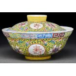 A Chinese yellow ground famille rose bowl and cover, 19.5cm diam Condition ReportGood condition