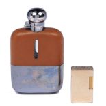 An S T Dupont gold plated cigarette lighter, number 8408DU, boxed and an EPNS mounted glass hip