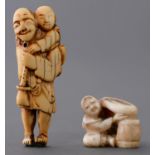 A Japanese ivory netsuke of a musician, late 19th / early 20th c, carrying a boy lion his back and a