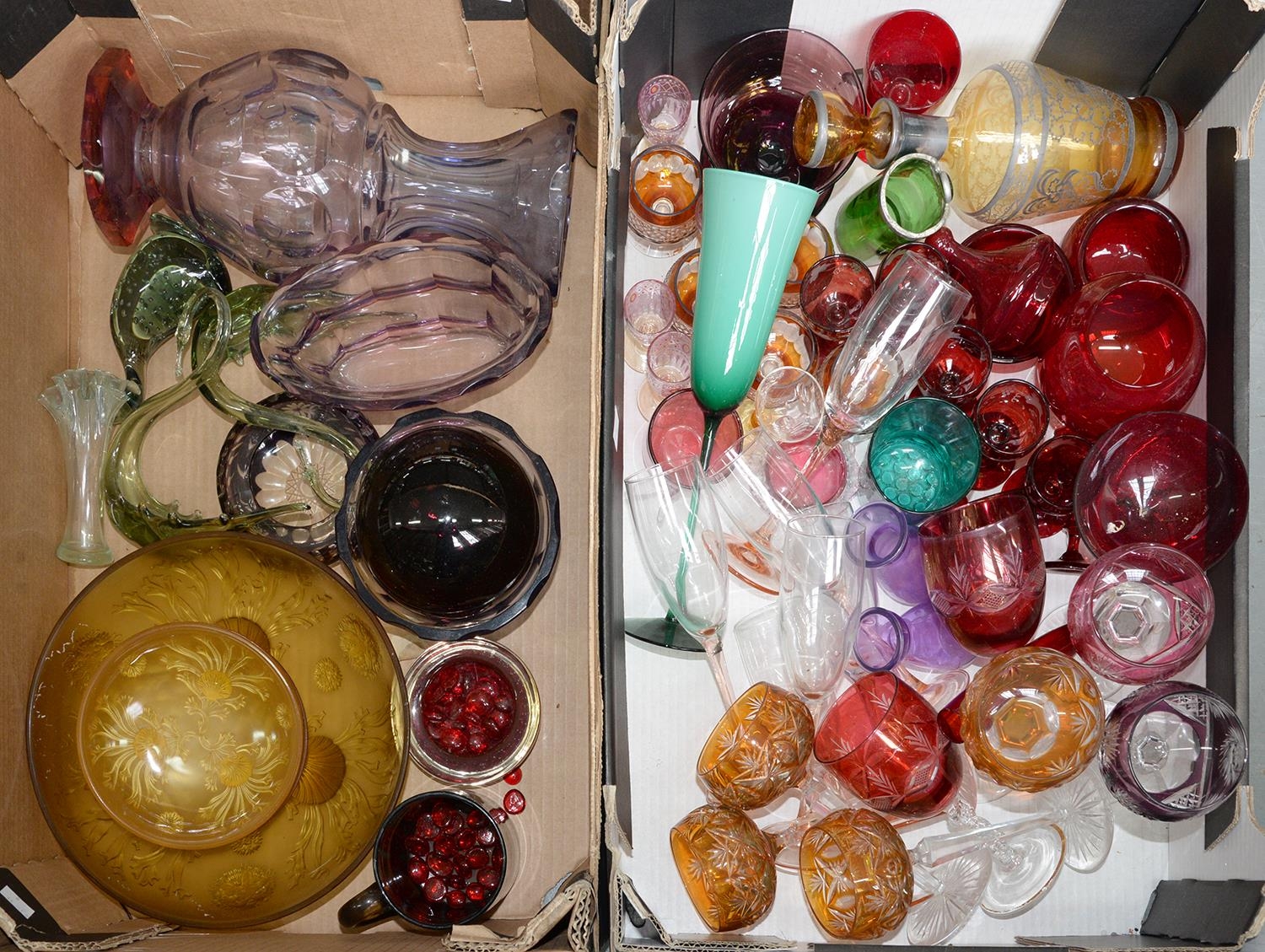 Miscellaneous cut, coloured and plain glassware, to include harlequin hock glasses and 1930's