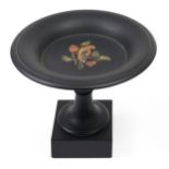 A Victorian Derbyshire slate (Ashford black marble) and pietre dure tazza, c1840, inlaid in coloured