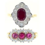 Two ruby and diamond cluster rings, in 9ct gold, London, 1994 and 1996, 6.7g, size I Condition