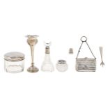Miscellaneous silver articles, early 20th c, to include a purse with chain handle, glass jar with