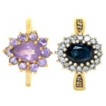 A sapphire and diamond cluster ring and a heart shaped amethyst cluster ring, both in 9ct gold,