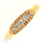 A five stone diamond ring, with old cut diamonds, in gold marked 18ct, 3.5g, size P Condition
