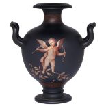 A black basalt hydria, attributed to Wedgwood, c1790, painted in encaustic colours or orange-red and