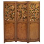 A polychrome and gold painted wood three leaf chinoiserie screen, early 20th c, painted with