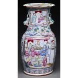 A Canton famille rose vase, 19th c, enamelled with oblong panels of figures, the ground with birds