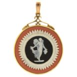 A Wedgwood three colour jasper ware pendant, 20th c, gold mount, 59mm diam, impressed marks