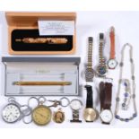 Miscellaneous watches and wristwatches, early 20th c and later and two cased Parker and other pens