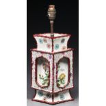 A Chinese famille rose lantern form vase, 19th/20th c, of lozenge section with raised bamboo borders