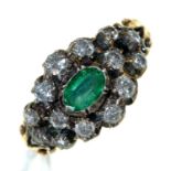 An emerald and diamond ring, gold hoop with chased, bifurcated shoulders, 4.6g, size N
