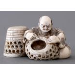 A Japanese ivory netsuke of a basket maker, Meiji period, 29mm h, signed Gyokuzan