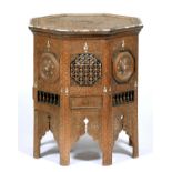 An Anglo Indian mother of pearl and bone inlaid and carved wood octagonal table, late 19th c, with