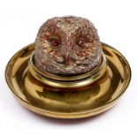 A brass and copper electrotype owl novelty inkwell, late 19th c, 20cm diam Provenance: (by