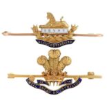 Royal Welsh and Gloucestershire Regiments. Two gold and enamel sweetheart's brooches, early 20th