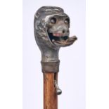 A bamboo cane with silvered metal glass eyed money head automaton pommel, 90cm l Condition