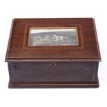 An Edwardian mahogany workbox, the lid inset with a sepia print of The Heath House, silk lined, 25cm