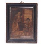 A Napoleonic prisoner of war work straw picture of a couple in a tavern, early 19th c, 21 x 15.5cm