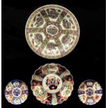 One and a pair of Japanese Imari dishes, early 20th c, 21 and 36cm diam and a larger Canton