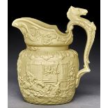 A William Ridgway & Co press moulded buff stoneware John Gilpin jug, c1850, with horse head