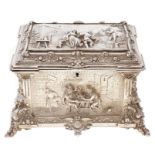A French electrotype jewel casket, late 19th c, formed in high relief with 'Teniers' scenes