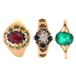 Three gold rings, variously gem set, 8.3g, size N, O and P Condition ReportGood condition