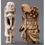 A Japanese ivory netsuke of Jurojin, 19th c, with elongated, tilted head and carrying a staff and