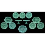 A Staffordshire green glazed and leaf moulded earthenware dessert service, c1870, comprising seven