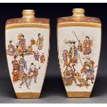 A pair of Japanese Satsuma vases, Meiji period, of tapered square section, the sides finely