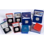 Silver coins. United Kingdom, twelve proof silver commemorative crowns, 1977 and later