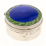 An Edwardian silver and blue and green guilloche enamel cosmetic pot, 45mm diam, by Spurrier & Co,