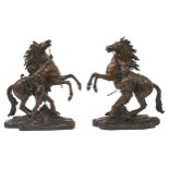 A pair of bronze sculptures of the Marly horses, c1840, after Guillaume Coustou, even golden brown