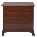 A George III padouk chest of drawers, having oak lined drawers, brushing slide and brass drop
